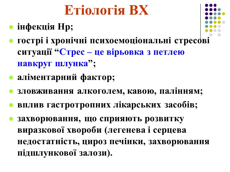 Етіологія ВХ інфекція Нр; гострі і хронічні психоемоціональні стресові ситуації “Стрес – це вірьовка